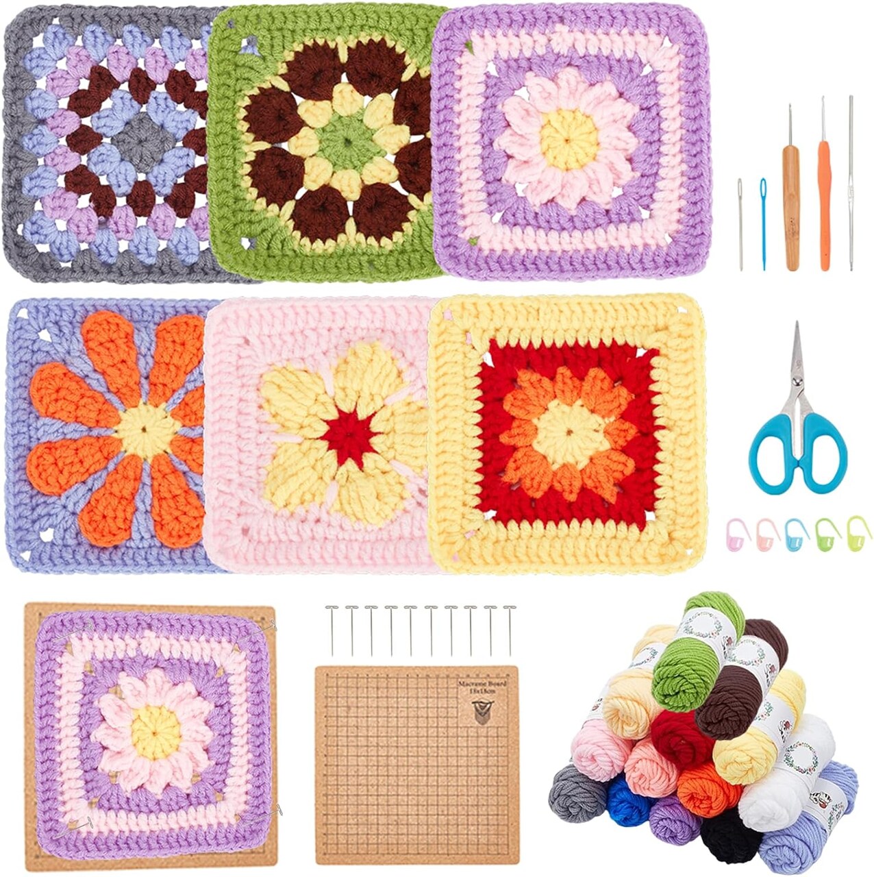 Crochet Daisy Flower Granny Square Crochet kit for Beginners Adult, 6 in 1 Handmade Crochet Coasters kit Complete Knitting Kit with Step-by-Step Video Tutorials Yarns Crochet Hook